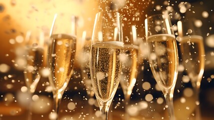 A close-up of champagne glasses filled with bubbling liquid, ready to be raised in a toast to the New Year. 8k