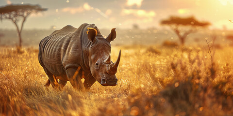 black rhino against the background of summer African nature