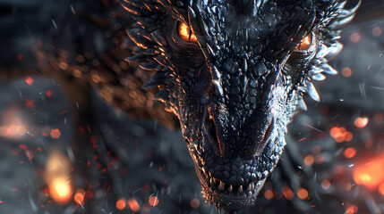 Closeup of a black dragons face in 3D, highlighting detailed scales and glowing eyes, set against a blurred backdrop of war chaos