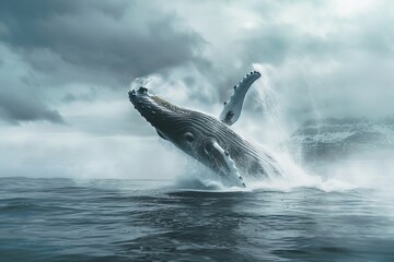 Fototapeta premium A humpback whale jumps high out of the water, showcasing its immense size and power as it breaches with grace and agility