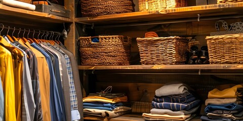 Neat walkin closet with wooden shelves baskets and clothes. Concept Walk-in Closet Organization, Wooden Shelving, Clothing Organization, Baskets and Bins, Neat and Tidy Space