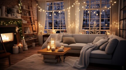 A cozy living room decorated with festive lights and ornaments, ready for a New Year's Eve...