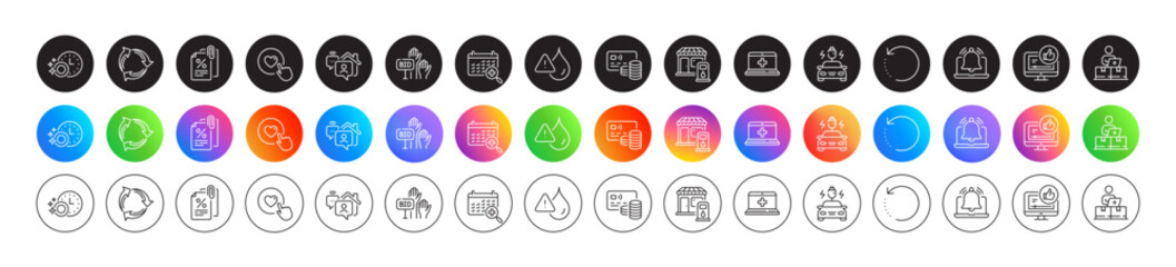 Like video, Dishwasher timer and Recovery data line icons. Round icon gradient buttons. Pack of Card, Online storage, Filling station icon. Medical calendar, Car charging, Recycle pictogram. Vector