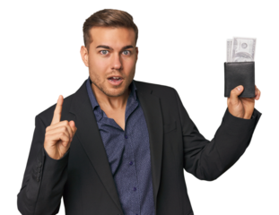 business caucasian man holding tickets having an idea, inspiration concept.