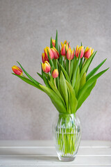 Isolated bouquet of pink and yellow tulips in a crystal vase