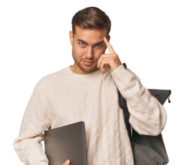 Young student man with a laptop pointing temple with finger, thinking, focused on a task.
