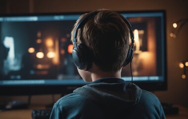 Fototapeta premium back view of boy in headphones playing video games on computer at home