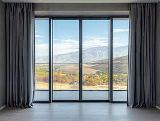 Obraz premium An empty room with a large glass window offering a stunning view, showcasing modern architecture and luxurious interior design
