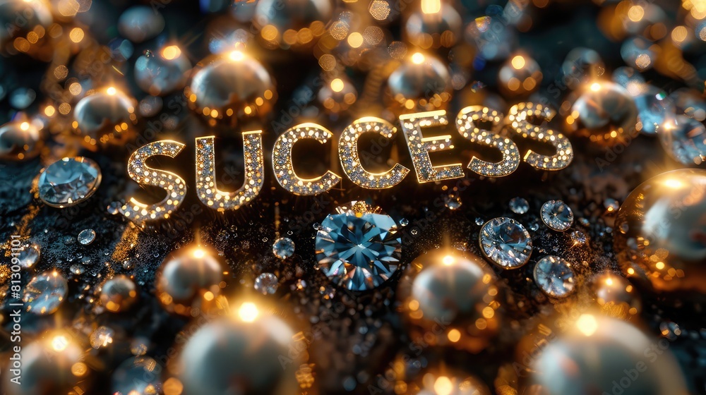 Fototapete golden style metallic 3d letters bedazzled with diamonds in shape of text success on gold background