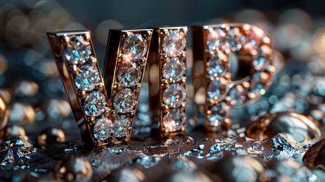 golden style metallic standing 3d letters bedazzled with diamonds in shape of text Vip gold background