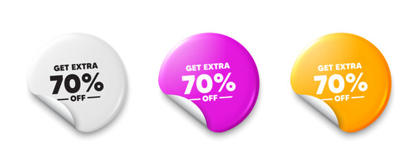 Get Extra 70 percent off Sale. Price tag sticker with offer message. Discount offer price sign. Special offer symbol. Save 70 percentages. Sticker tag banners. Discount label badge. Vector