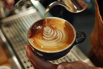 High-angle shot capturing the intricate patterns created by a skilled barista while pouring latte art.