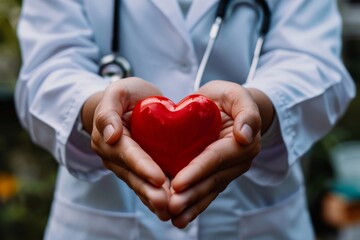 Close-up of a nurse's hands gently cradling a red heart-shaped object, radiating care and compassion.