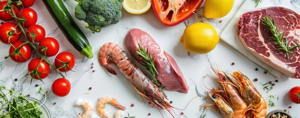 meat and seafood and vegetables on the table, a marble table top
