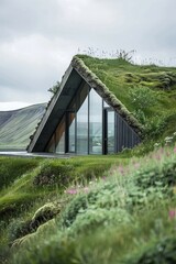 A house with a green roof sits atop a hill, blending into the natural landscape. The setting showcases the architecture against the scenic backdrop