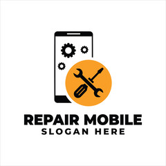 Mobile Fix Logo With Screwdriver, Wrench and Gear Circle Sign for Phone Repairing Service Centers. Cellphone Repair Logo Design Illustration Element Icon.