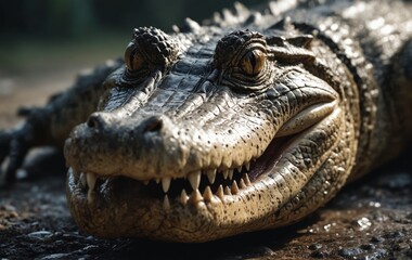 Obraz premium Closeup of a Nile crocodiles head on the ground with its jaw open