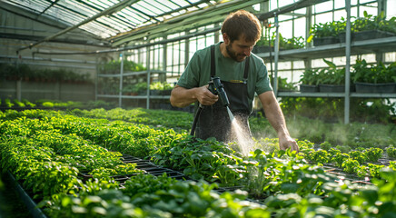 A man in an apron watering plants with a spray gun in a greenhouse.
