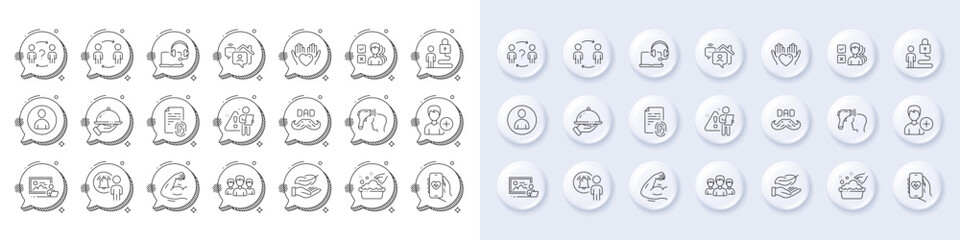 Photo studio, Hold heart and Add person line icons. White pin 3d buttons, chat bubbles icons. Pack of Father day, Work home, Health app icon. Lock, Strong arm, Lightweight pictogram. Vector