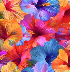 seamless pattern of colorful tropical hibiscus petals , vibrant colors creates an abstract floral background. design mix of pink, reds, greens, yellows and blues, giving it the appearance of a lush 