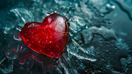 A red heart is sitting on top of ice.