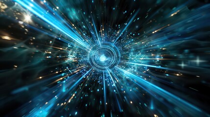 Naklejka premium abstract background with blue light rays, stars, and streaks of lights moving at high speed through the dark space