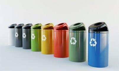 Recycling bins in various colors on white background