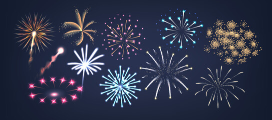 Colorful Variety Of Fireworks Illuminating Dark Sky With Vibrant Colors. Cartoon Vector Illustration For Celebrations