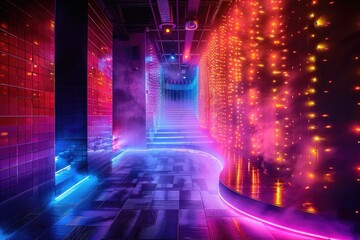 Neon Light Corridor Futuristic Room with Vibrant Lighting on black background 