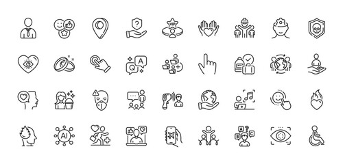 Music, Vip table and Engineering team line icons pack. AI, Question and Answer, Map pin icons. Like, Cyber attack, Medical mask web icon. Hold heart, Social media, Stress pictogram. Vector