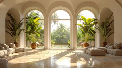 Modern minimal living room interior, arches, palm plants