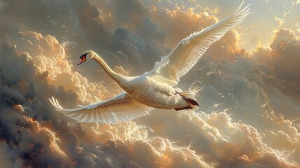 White swan flying in the sunset sky