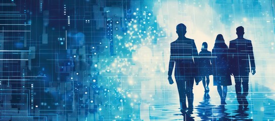 business people silhouettes standing together, blue light, future technology 