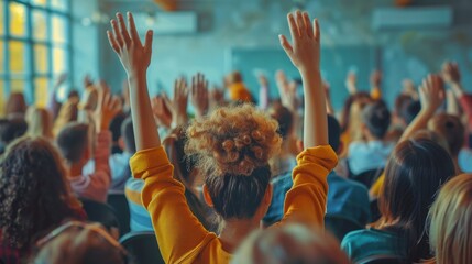 Eager students raising hands in a bright classroom