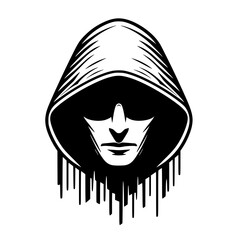 Mysterious Hooded Hacker in Black and White – Vector Illustration on Cybersecurity, Anonymity, and Digital Safety