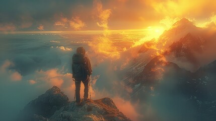 Fototapeta premium Silhouette of Hikers Scaling a Mountain, One Extending a Helping Hand to Reach the Summit