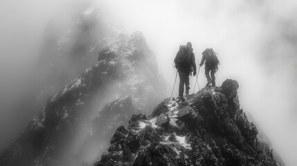 Silhouette of Hikers Scaling a Mountain, One Extending a Helping Hand to Reach the Summit