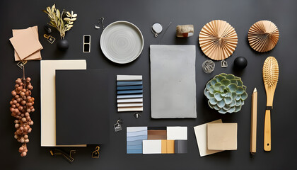 Flat lay composition of creative black architect moodboard with samples of building, textile and natural materials and personal accessories. Top view, black backgroung, template.