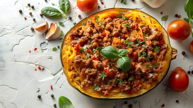 Baked Spaghetti Squash Casserole with Ground Turkey, Healthy Comfort Food, Top-Down View, Fresh Herbs and Vegetables, Low-Carb Dinner, Nutritious Meal