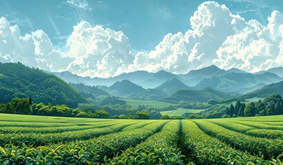 tea fields with mountains in the background