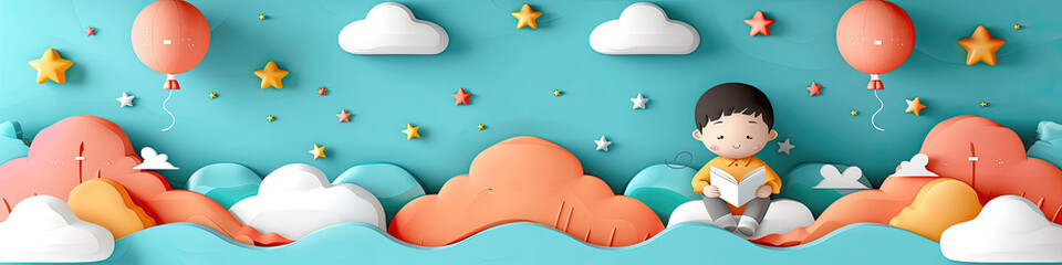A boy is sitting on a cloud reading a book