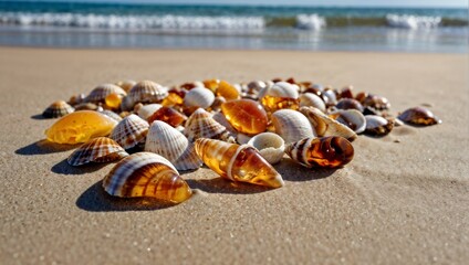 Sea shells, pieces of amber washed up on a sandy beach