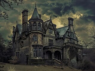 scary abandoned and ruined gothic mansion, baroque architecture