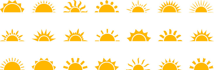 Sun half icon, sunrise ray, morning light, yellow burst, summer symbol. Solar shine set isolated on white background. Cartoon vector illustration