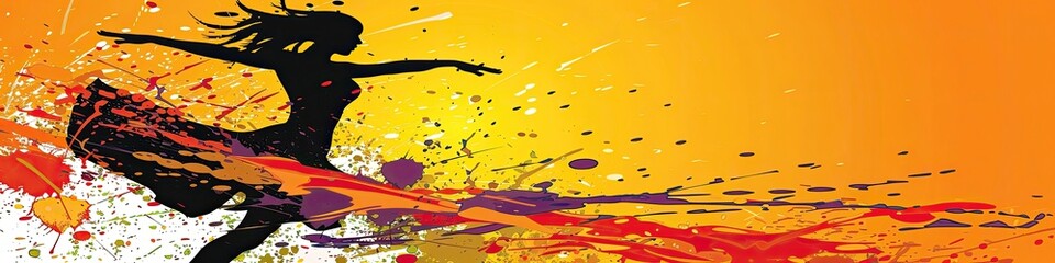 Obraz premium A woman is dancing in a colorful background with splatters of paint