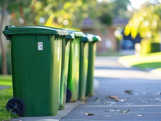 green trash cans standing next to each other on the street
