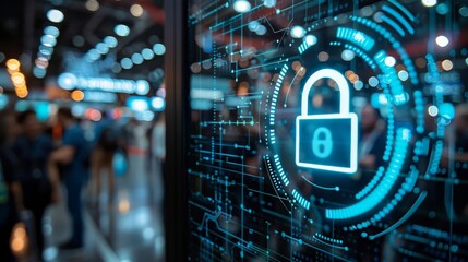 A device showing a Privacy Warning in a bustling tech convention, where the latest innovations are exposed to security risks