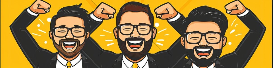 Obraz premium Three men are smiling and lifting their arms in the air