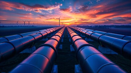 Natural gas pipelines with Oil refinery in the background Atmosphere at sunset Electric wind turbines