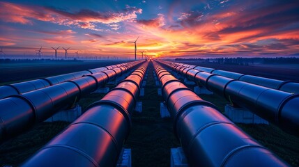 Natural gas pipelines with Oil refinery in the background Atmosphere at sunset Electric wind...